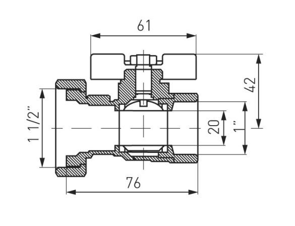 NOVASERVIS guľový kohút 1", motýlik, s polskrutkovaním k čerpadlu 6/4", závitový, voda, mosadz