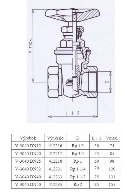 SLOVARM V-3040 posúvač DN25 uzatvárací bez tesnenia, vnútorný závit, voda, mosadz