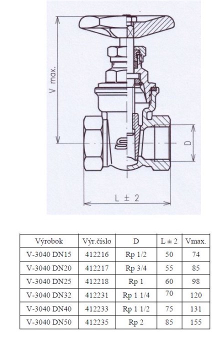 SLOVARM V-3040 posúvač DN20 uzatvárací bez tesnenia, vnútorný závit, voda, mosadz