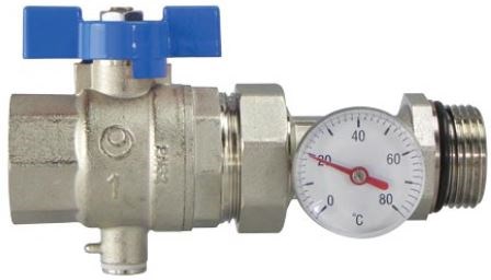 IVR 979/B guľový kohút 1", priamy, so šróbením a integrovaným teplomerom, modrá