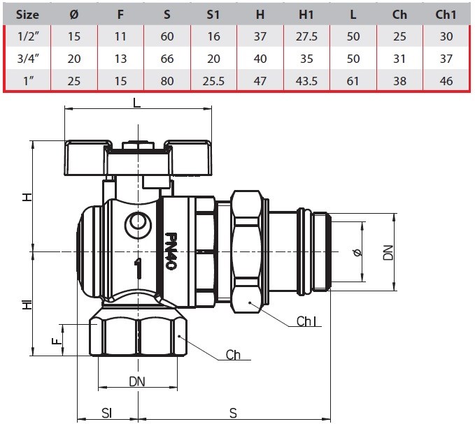 IVR 981/A guľový kohút 1", rohový, so skrutkovaním, červená