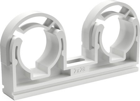 CHUDĚJ dvojpríchytka na potrubie z medi 2x28mm, so strmeňom, plast, biela