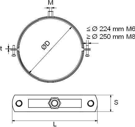 Objímka 224mm, pre ventilačné potrubie, s gumou, oceľ