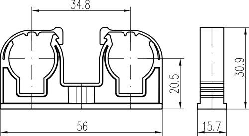 CHUDĚJ dvojpríchytka na potrubie z medi 2x15mm, s klipom