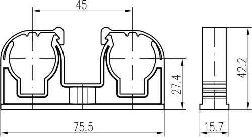 CHUDĚJ dvojpríchytka na potrubie z medi 2x22mm, s klipom