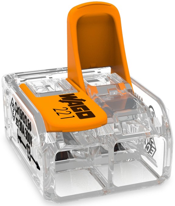 WAGO COMPACT krabicová svorka 2x0,5-6mm, s páčkou, transparentná/oranžová