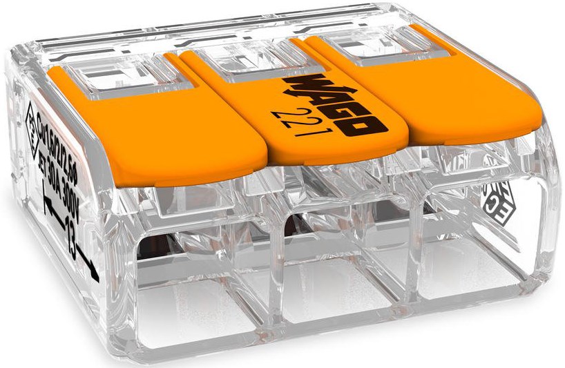 WAGO COMPACT krabicová svorka 3x0,5-6mm, s páčkou, transparentná/oranžová