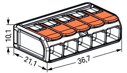 WAGO COMPACT krabicová svorka 5x0,5-6mm, s páčkou, transparentná/oranžová