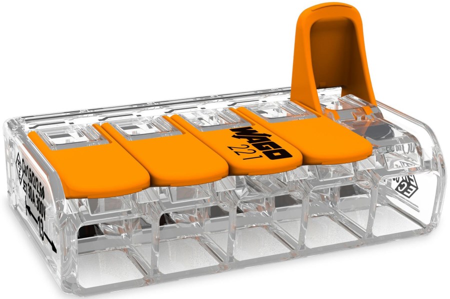 WAGO COMPACT krabicová svorka 5x0,5-6mm, s páčkou, transparentná/oranžová