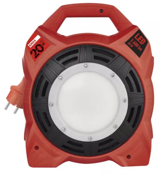 EMOS predlžovací kábel na bubne 20m, 230V, 1,5mm2, 4 zásuvky, s LED reflektorom 1600lm, vonkajšie, guma, červená / čierna