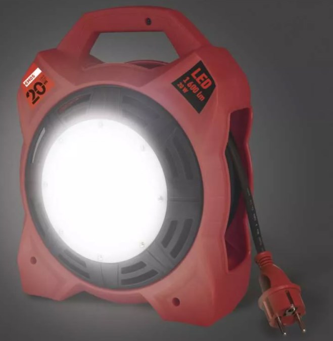 EMOS predlžovací kábel na bubne 20m, 230V, 1,5mm2, 4 zásuvky, s LED reflektorom 1600lm, vonkajšie, guma, červená / čierna