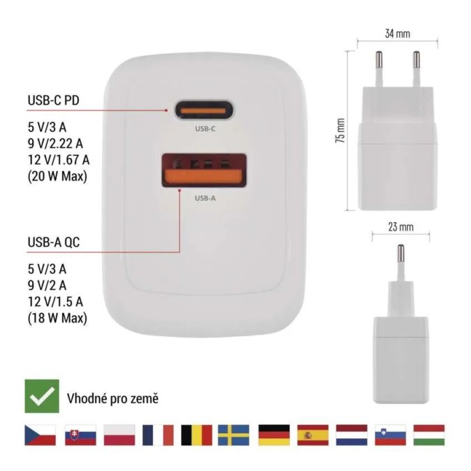 EMOS USB adaptér 20 W, do siete, PD, univerzálny