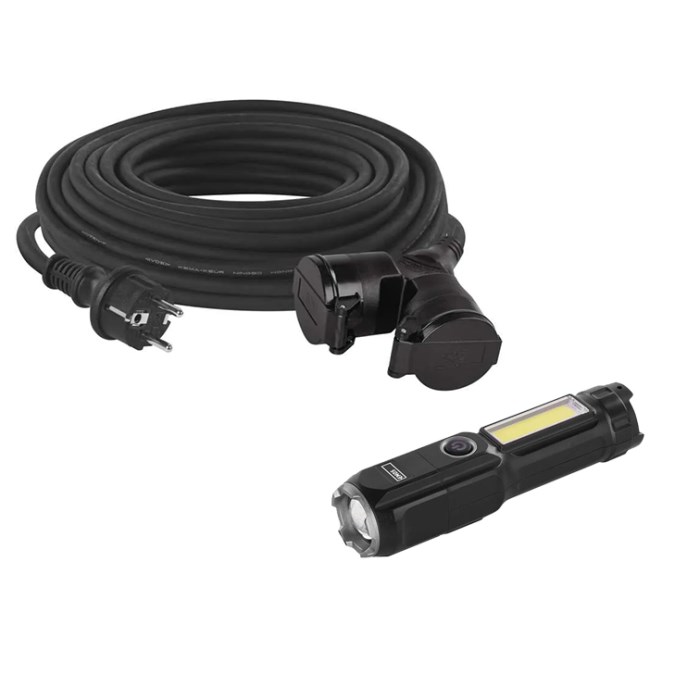 EMOS P0603PTK predlžovací kábel 20 m, IP44 + nabíjacie LED svietidlo P3214 (sada)