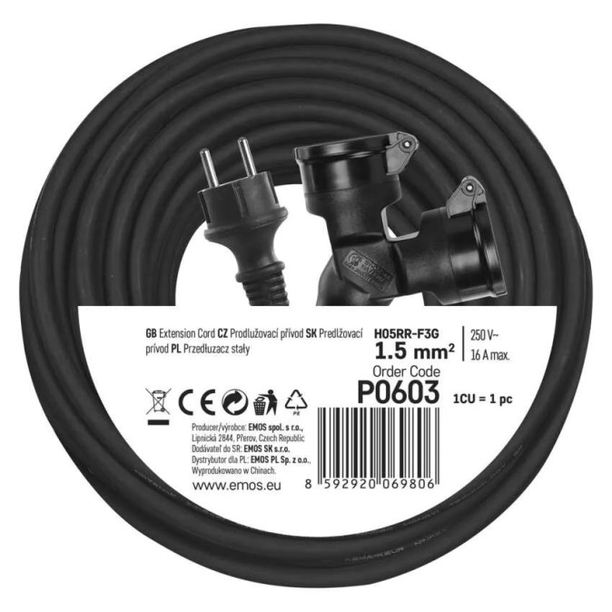 EMOS P0603PTK predlžovací kábel 20 m, IP44 + nabíjacie LED svietidlo P3214 (sada)