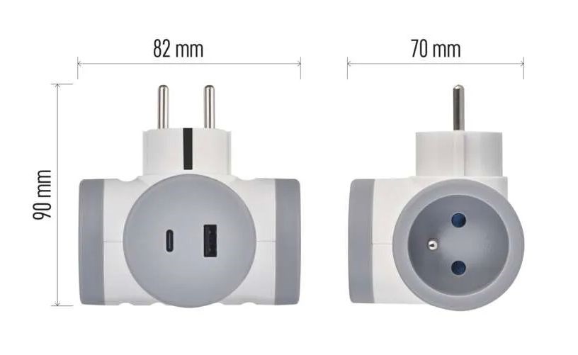 EMOS zásuvka 250V~/16A, rozbočovacia 2x, s USB-A a USB-C, plast, bielo-šedá
