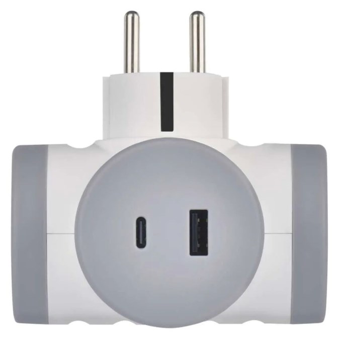 EMOS zásuvka 250V~/16A, rozbočovacia 2x, s USB-A a USB-C, plast, bielo-šedá