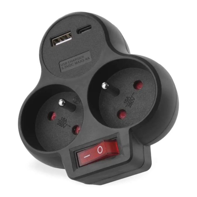 EMOS zásuvka 250V~/16A, rozbočovací 2x, s USB-A a USB-C, plast, čierna