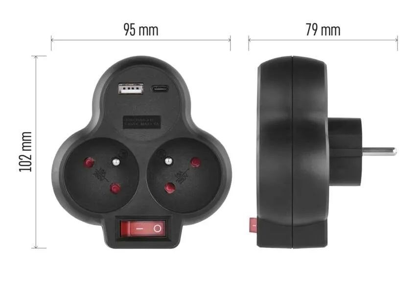 EMOS zásuvka 250V~/16A, rozbočovací 2x, s USB-A a USB-C, plast, čierna