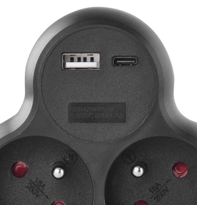 EMOS zásuvka 250V~/16A, rozbočovací 2x, s USB-A a USB-C, plast, čierna