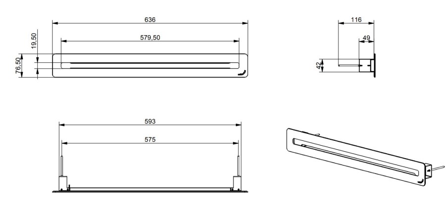 ZEHNDER COMFOGRID LINEA 600 líniová výustka, 636x76, 5 mm, kov, kartáčovaná nerezová oceľ
