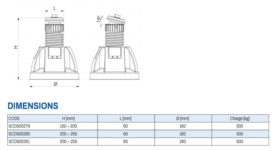 ZEUS H.70 antivibračná nôžka 150/205 mm, 500 kg, nastaviteľná, podlahová, guma (sada)