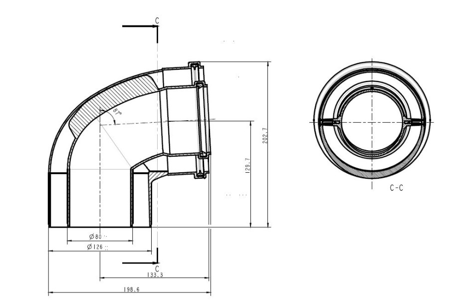 BRILON SERIO koleno 87° DN125/80, koaxiálne, plech/PP