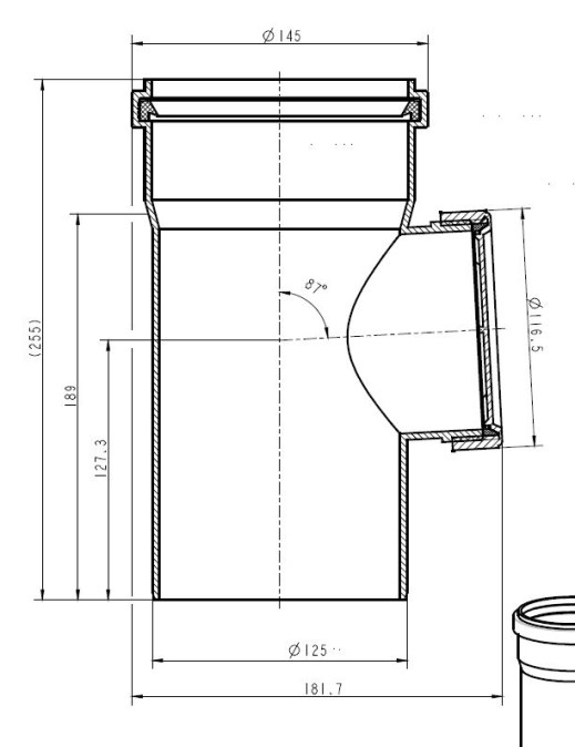BRILON SERIO T-kus kontrolný DN125, priamy, delené oddymenie, PP