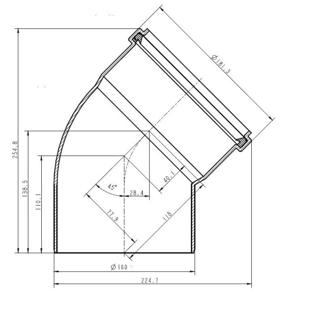 BRILON SERIO koleno 45 ° DN160, delené oddymenie, PP