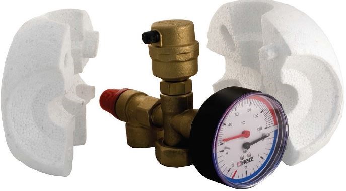 HERZ kotlová zostava poistného ventilu DN15, manometru a izolácie, mosadz/EPS